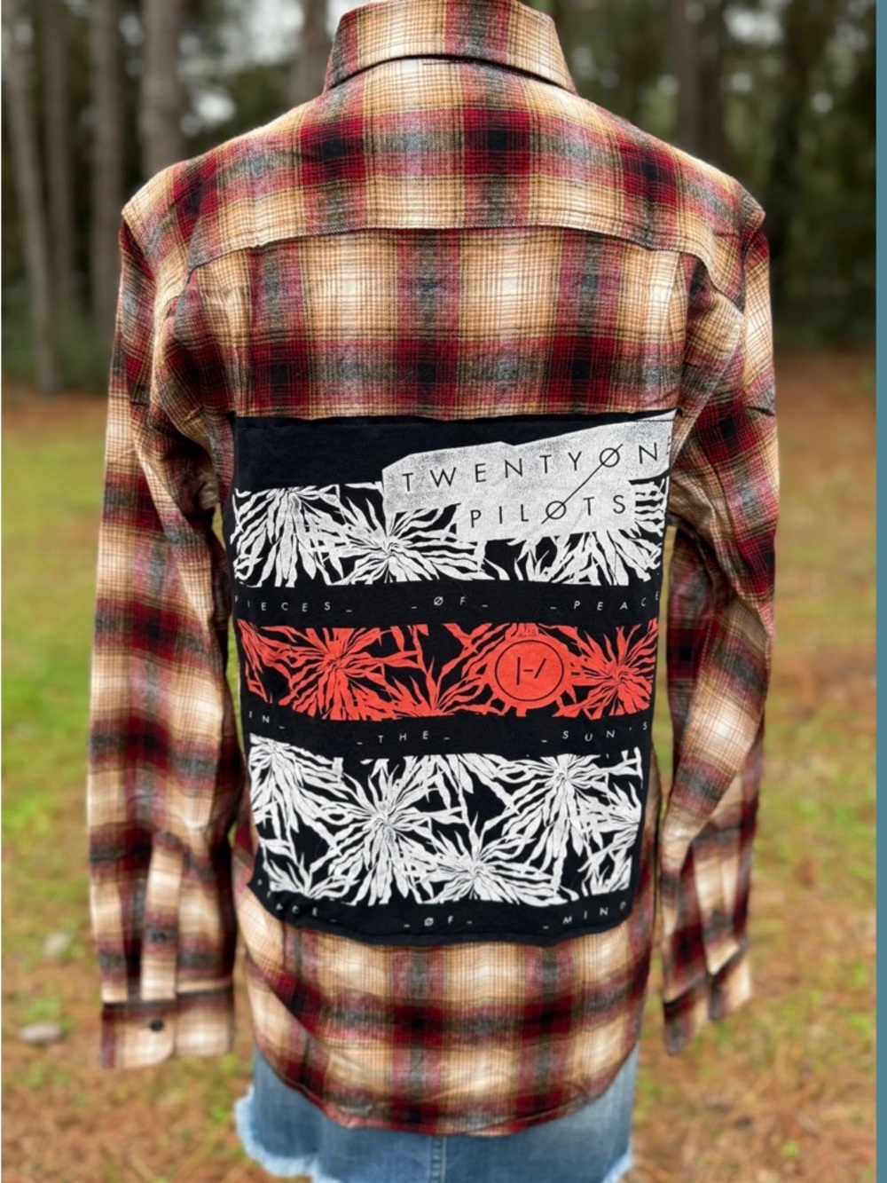 Upcycled Twenty One Pilots Plaid Patchback Flannel Jacket - Red, Black, Cream
